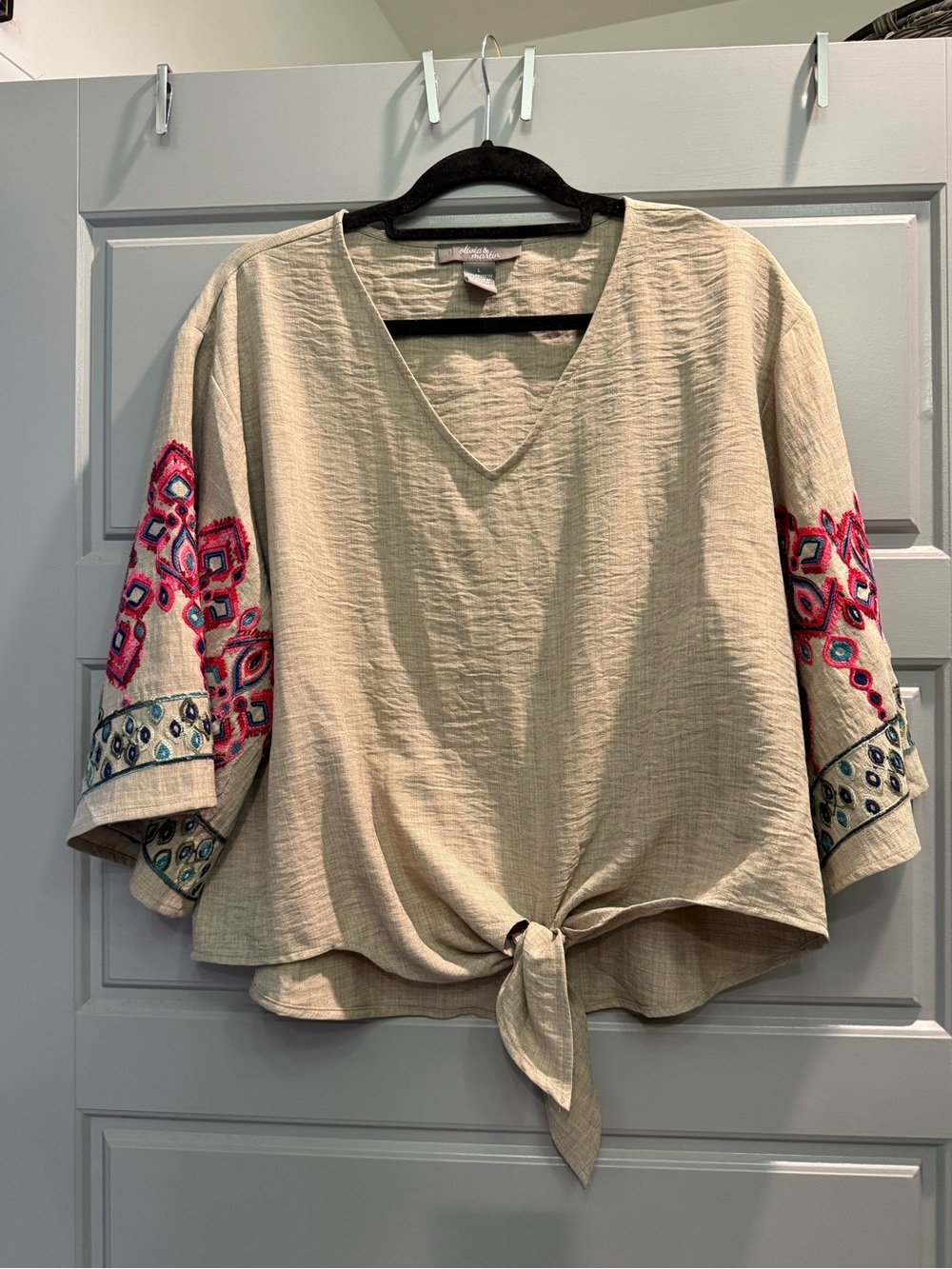 Olivia & Martin Tie-Front Embroidered Sleeve Blouse